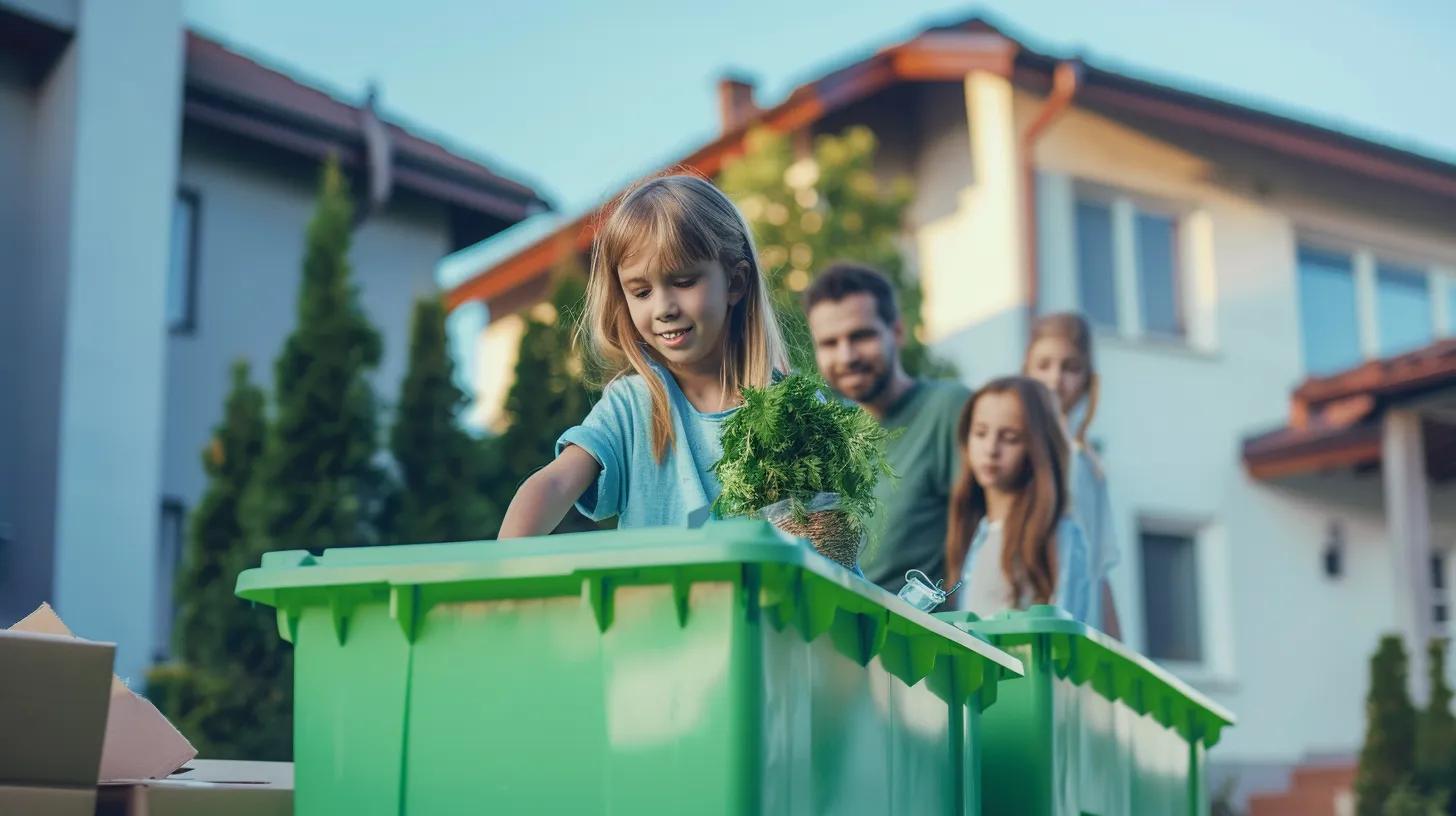 Family moving using green plastic moving bins