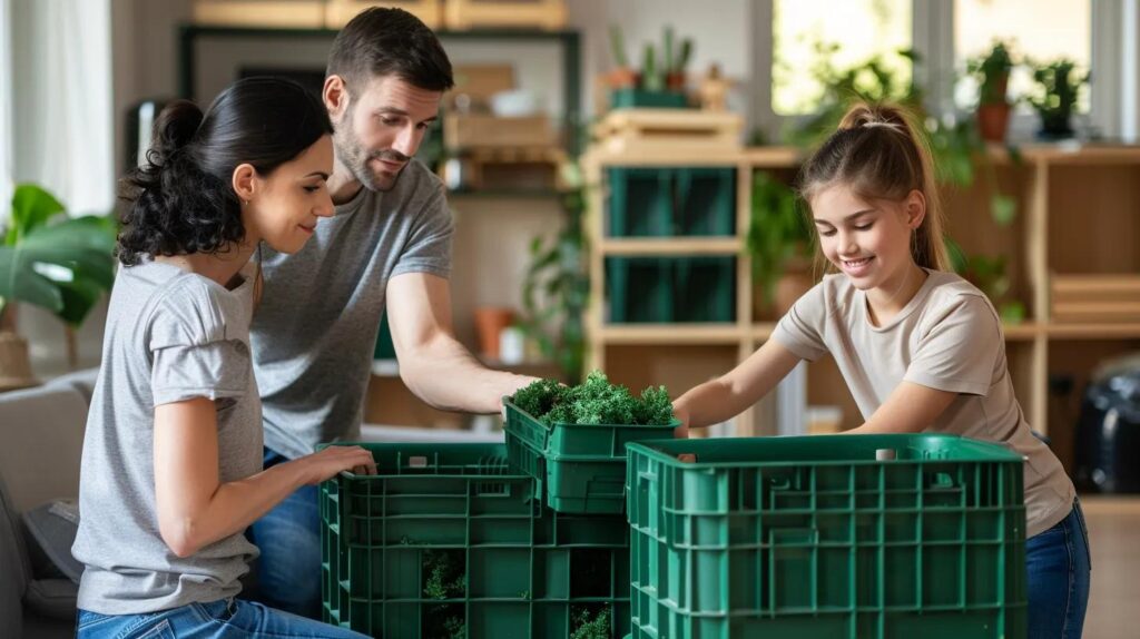 clean plastic green stackable crates with family using them to pack, new clean shiny