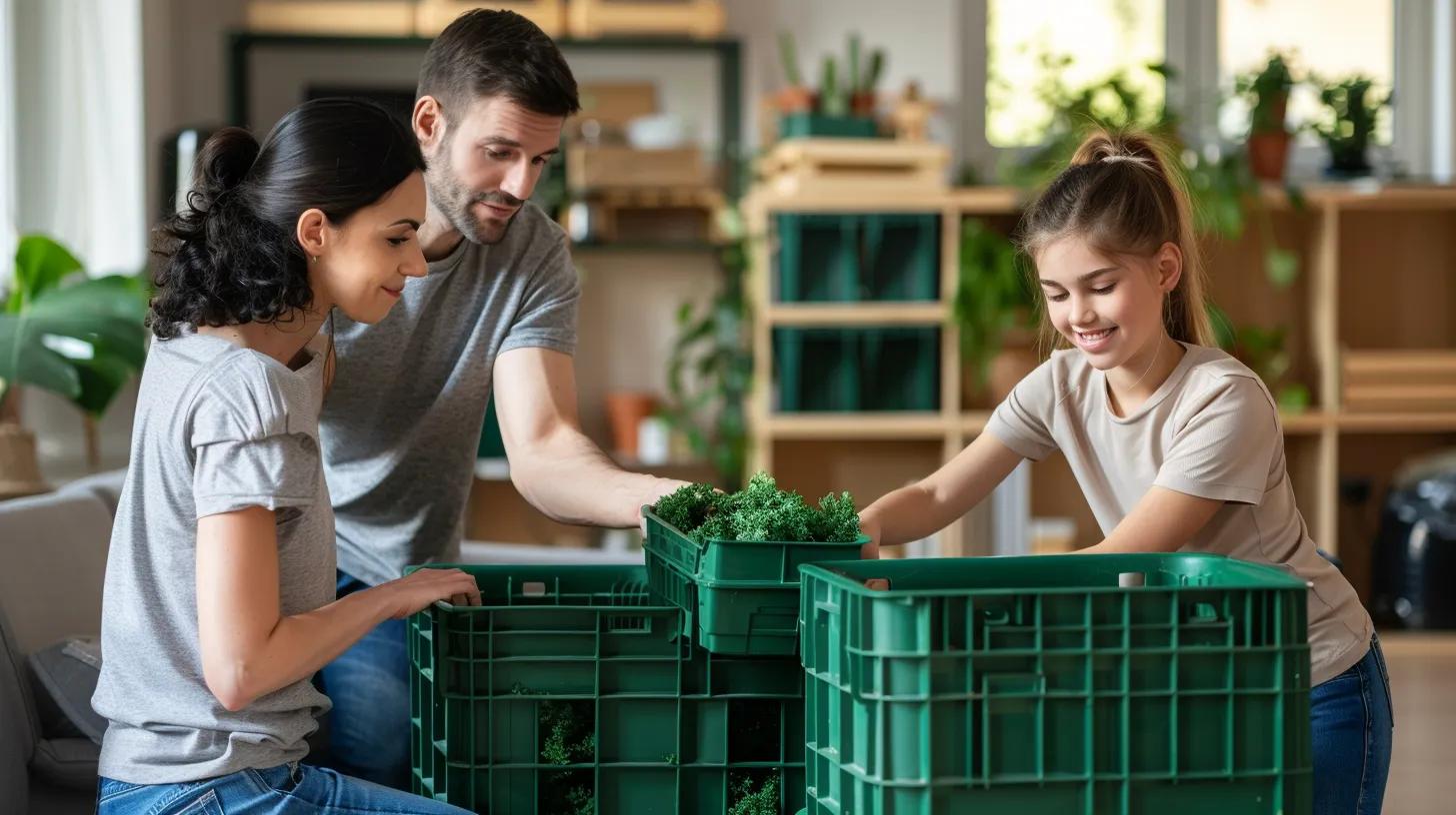 clean plastic green stackable crates with family using them to pack, new clean shiny