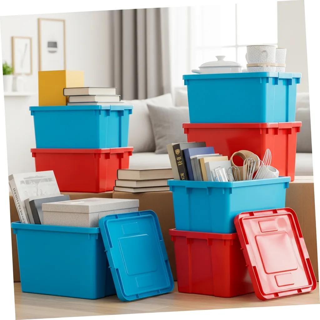 Colorful reusable plastic moving bins stacked in a modern living room, showcasing packed items and emphasizing convenience