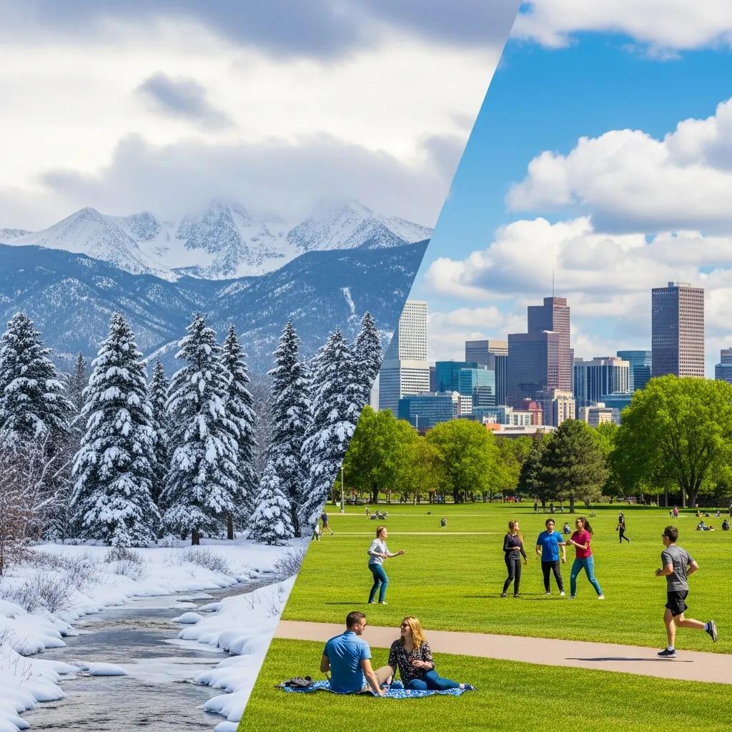 Split scene of Denver's winter and summer climates, illustrating altitude effects on residents