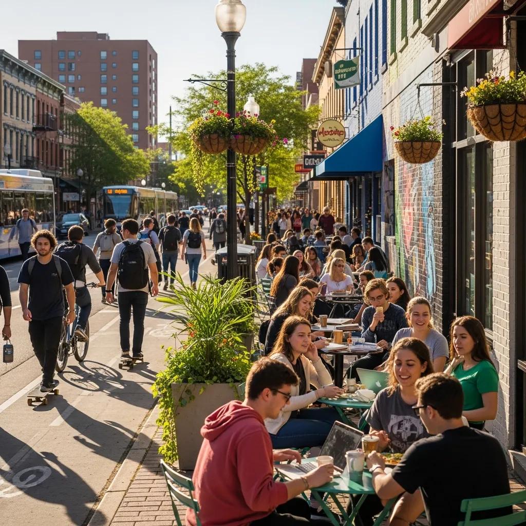Vibrant student-friendly neighborhood in Denver with young people socializing and biking
