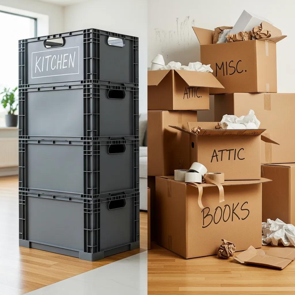 Comparison of organized plastic moving crates and messy cardboard boxes, illustrating cost-effectiveness and convenience