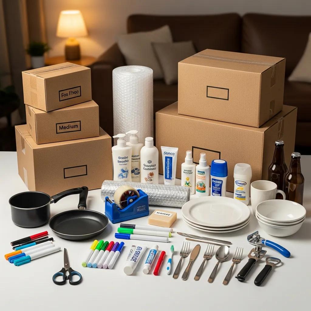 Curated student moving kit with essential items for university relocation, emphasizing convenience and organization