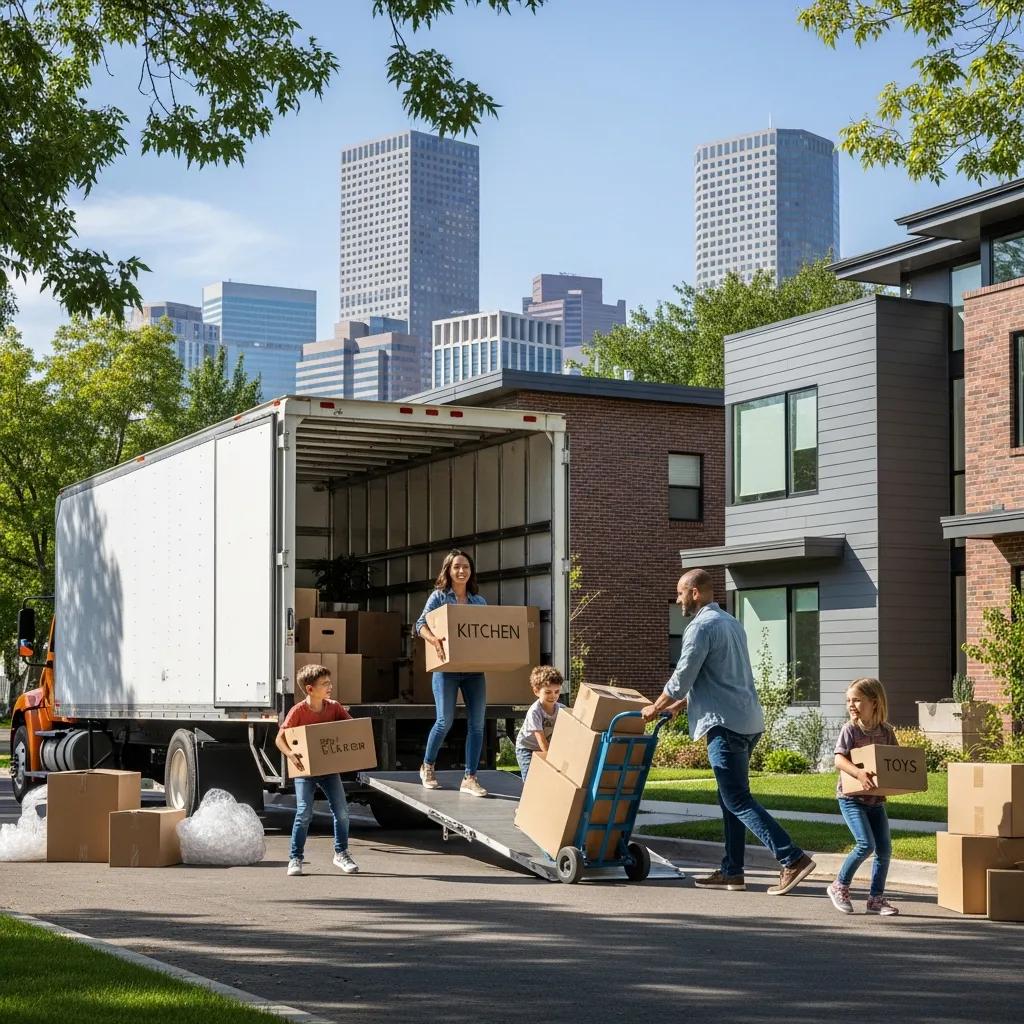Moving truck in Denver with family unloading boxes, representing reliable moving services