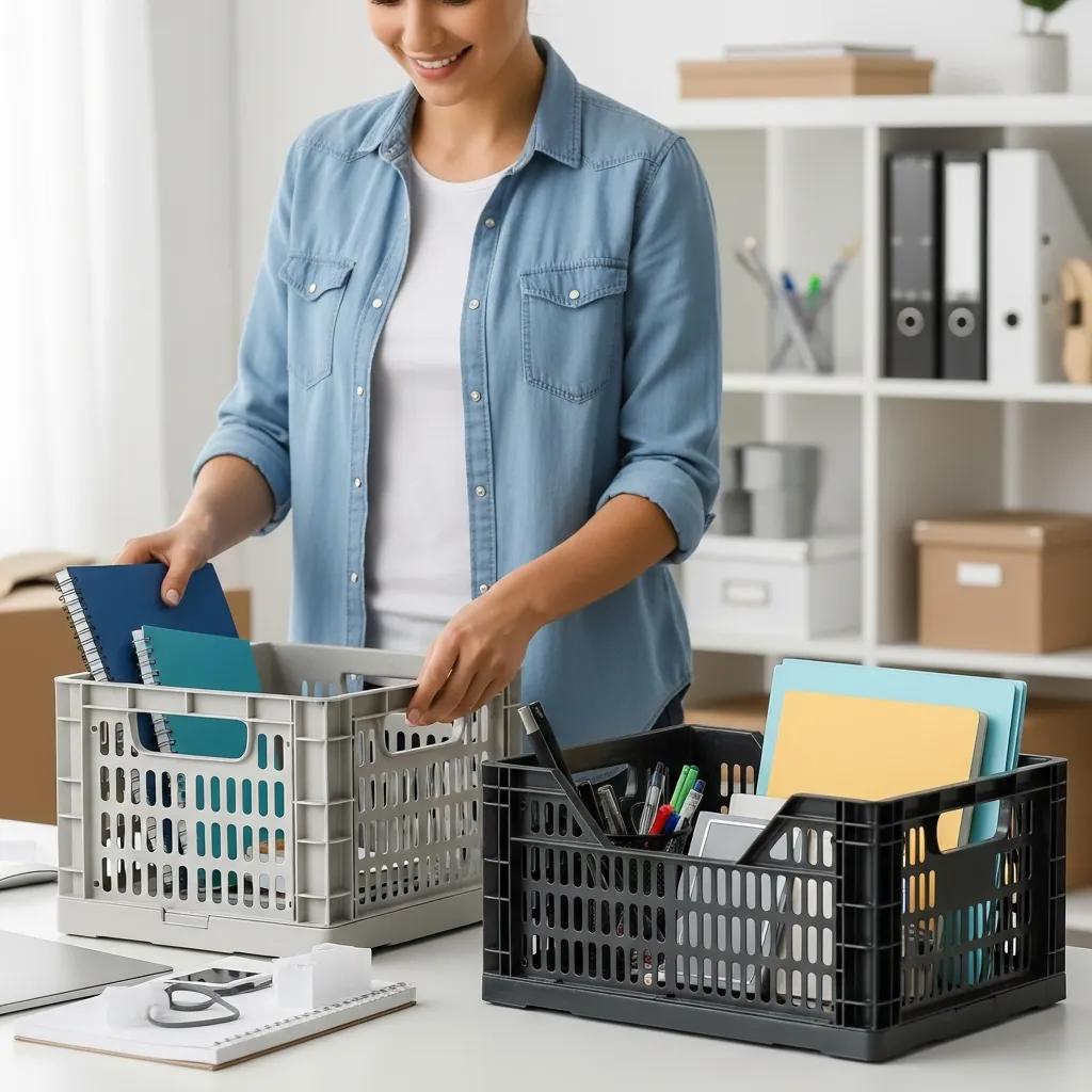 Neatly arranged reusable moving crates in a cozy living room, illustrating organized and sustainable moving