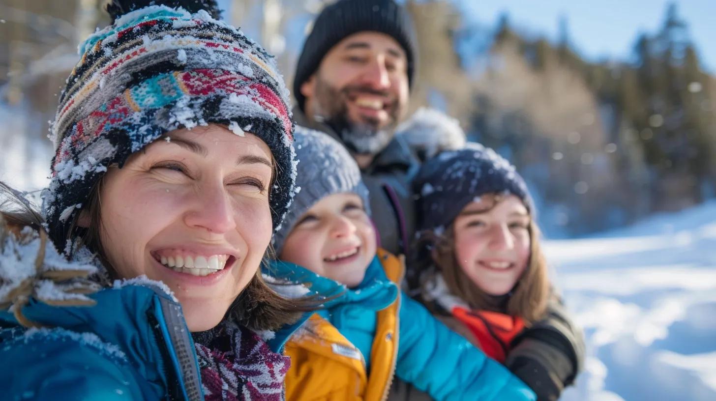 family smiling outside in the Colorado snow